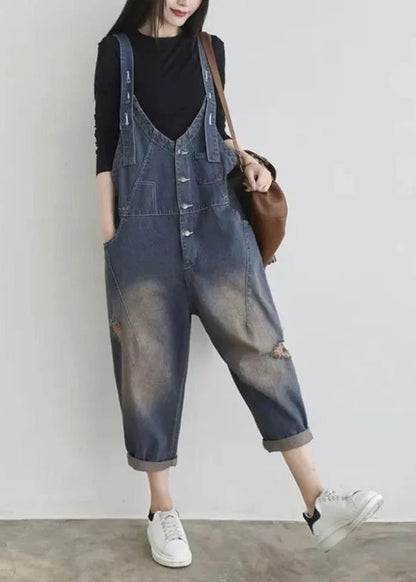 Blue V Neck Patchwork Button Jumpsuit Summer Ty1042