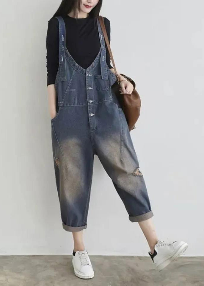 Blue V Neck Patchwork Button Jumpsuit Summer Ty1042