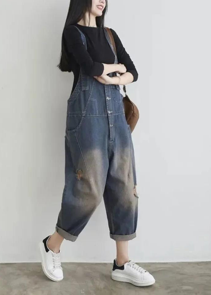 Blue V Neck Patchwork Button Jumpsuit Summer Ty1042