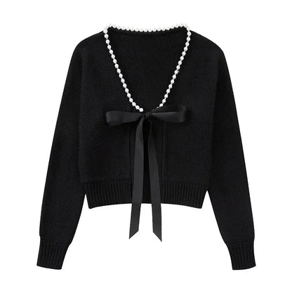 Bow Pearl Long Sleeve V Neck Loose Female Spring Black Soft Cardigan