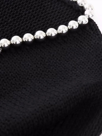 Bow Pearl Long Sleeve V Neck Loose Female Spring Black Soft Cardigan
