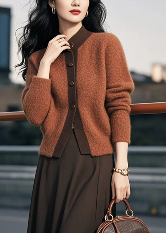 Brown Stand Collar Button Patchwork Knit Cardigans Spring To003