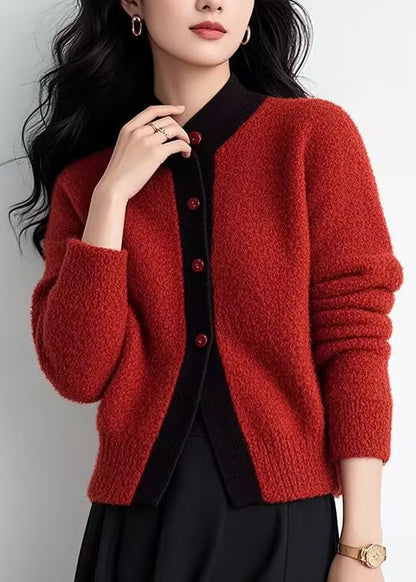 Brown Stand Collar Button Patchwork Knit Cardigans Spring To003