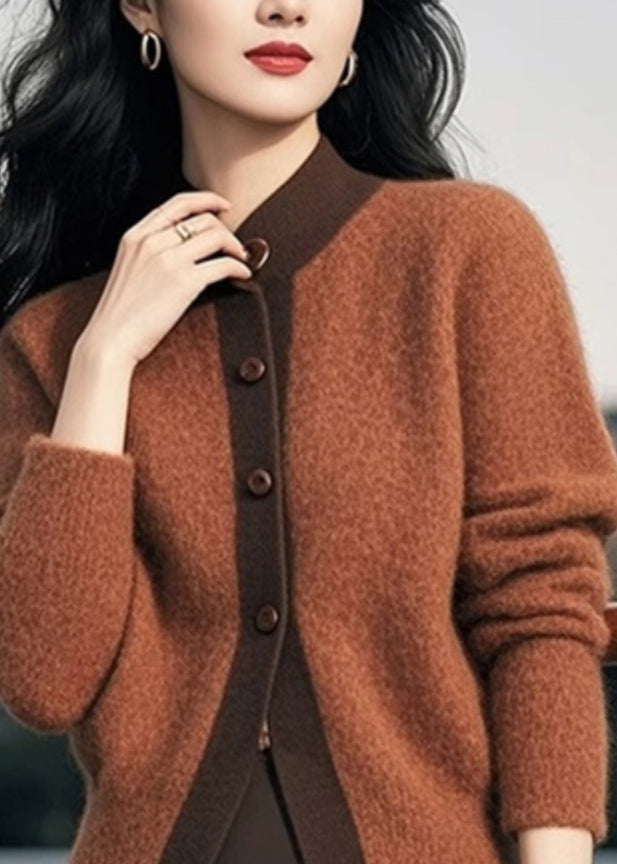 Brown Stand Collar Button Patchwork Knit Cardigans Spring To003