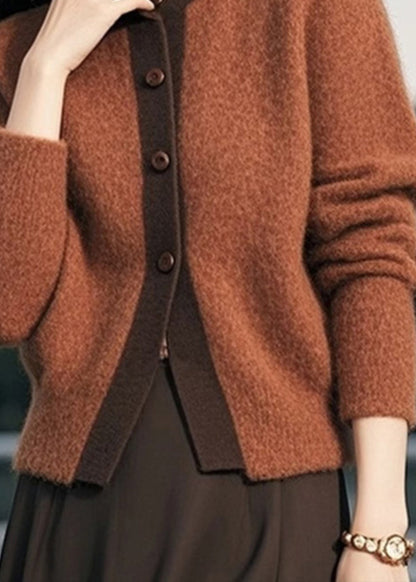 Brown Stand Collar Button Patchwork Knit Cardigans Spring To003