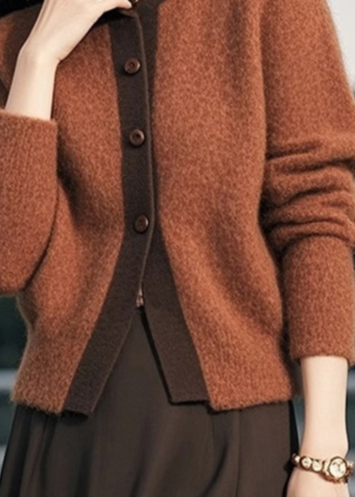 Brown Stand Collar Button Patchwork Knit Cardigans Spring To003