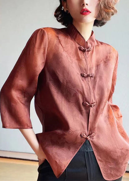 Brown Stand Collar Button Print Silk Blouses Summer Qa1070