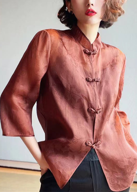 Brown Stand Collar Button Print Silk Blouses Summer Qa1070