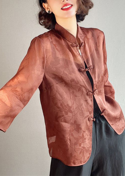 Brown Stand Collar Button Print Silk Blouses Summer Qa1070