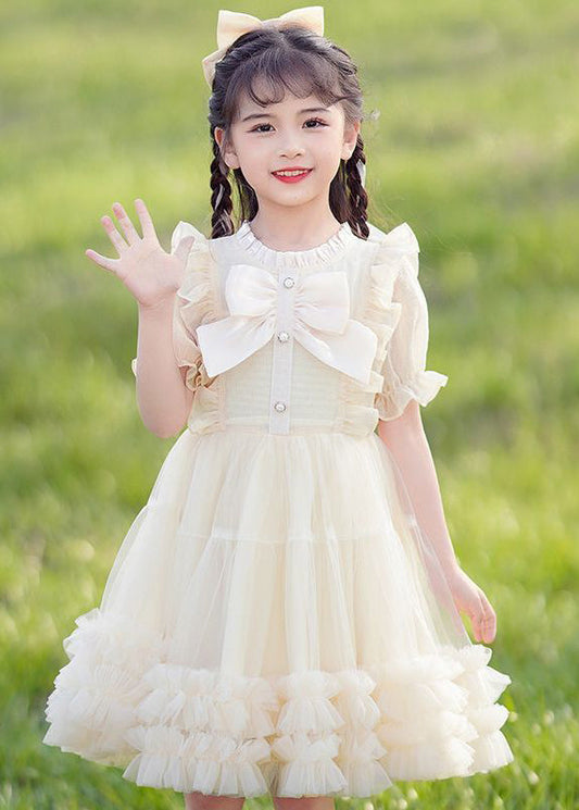 Champagne Bow Patchwork Button Tulle Long Dress Short Sleeve Ew032