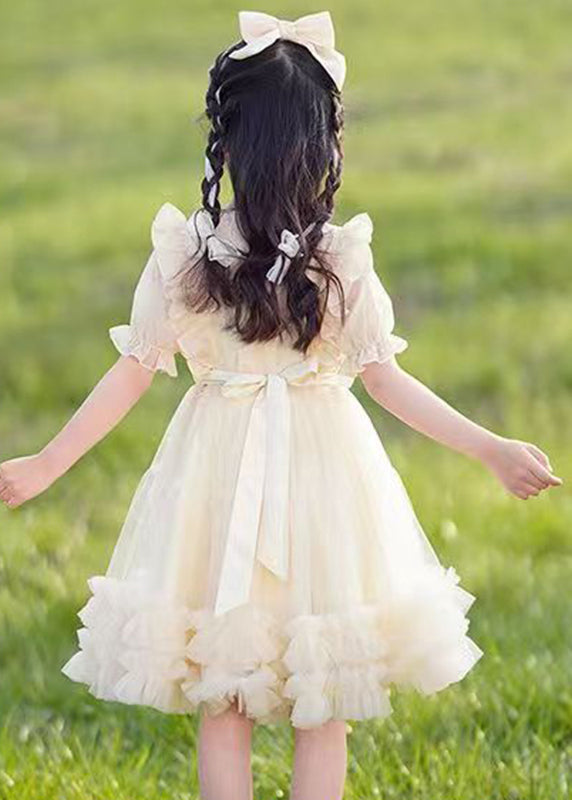 Champagne Bow Patchwork Button Tulle Long Dress Short Sleeve Ew032