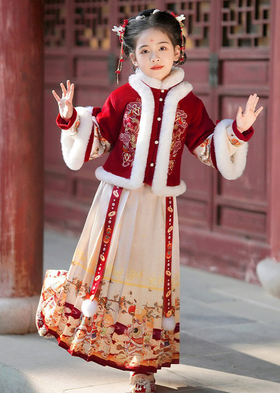 Champagne Fur Collar Button Kids Coats and Maxi Skirts Two Pieces Set Winter Tr006