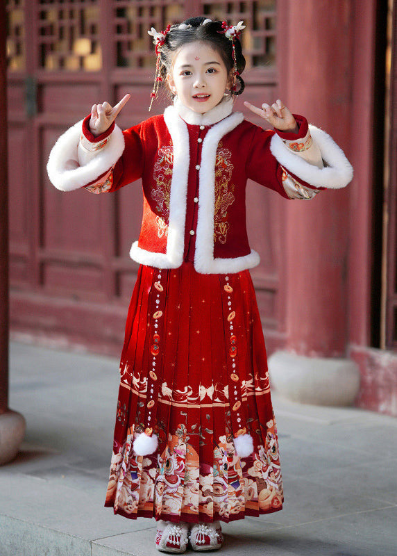 Champagne Fur Collar Button Kids Coats and Maxi Skirts Two Pieces Set Winter Tr006