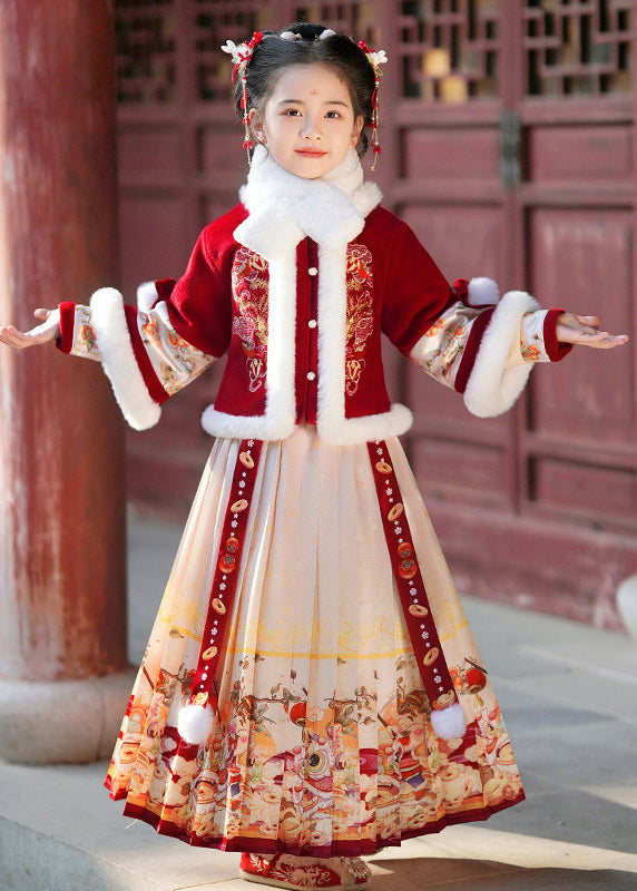 Champagne Fur Collar Button Kids Coats and Maxi Skirts Two Pieces Set Winter Tr006