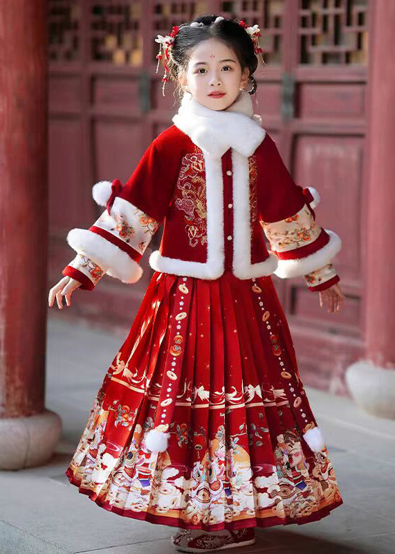 Champagne Fur Collar Button Kids Coats and Maxi Skirts Two Pieces Set Winter Tr006