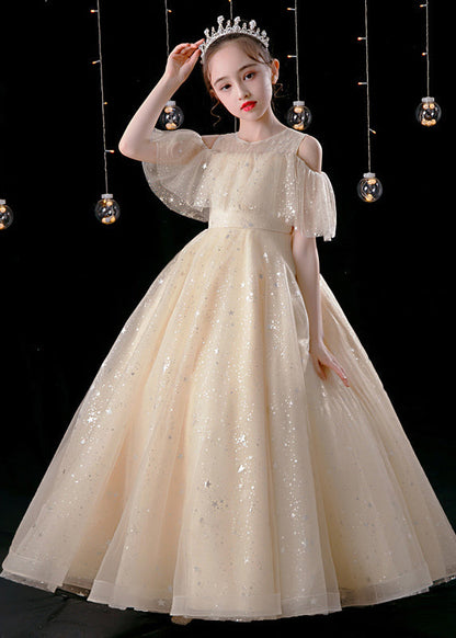 Champagne O-neck Patchwork Sequins Tulle Kids Maxi Dress Summer Xz039