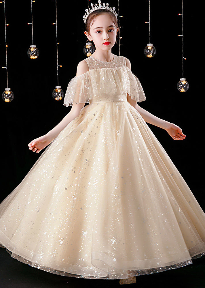 Champagne O-neck Patchwork Sequins Tulle Kids Maxi Dress Summer Xz039