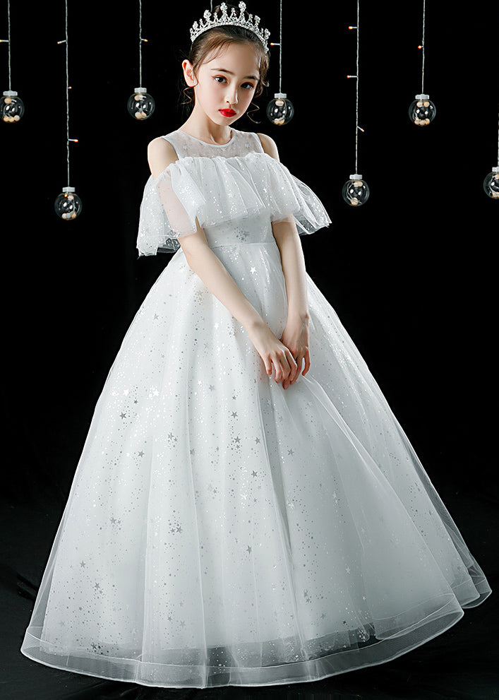Champagne O-neck Patchwork Sequins Tulle Kids Maxi Dress Summer Xz039
