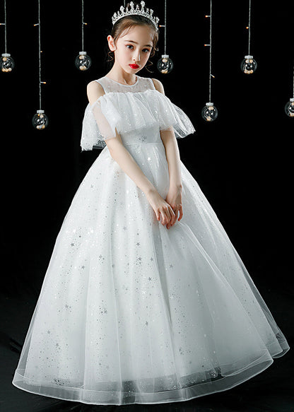 Champagne O-neck Patchwork Sequins Tulle Kids Maxi Dress Summer Xz039