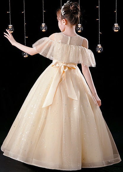 Champagne O-neck Patchwork Sequins Tulle Kids Maxi Dress Summer Xz039