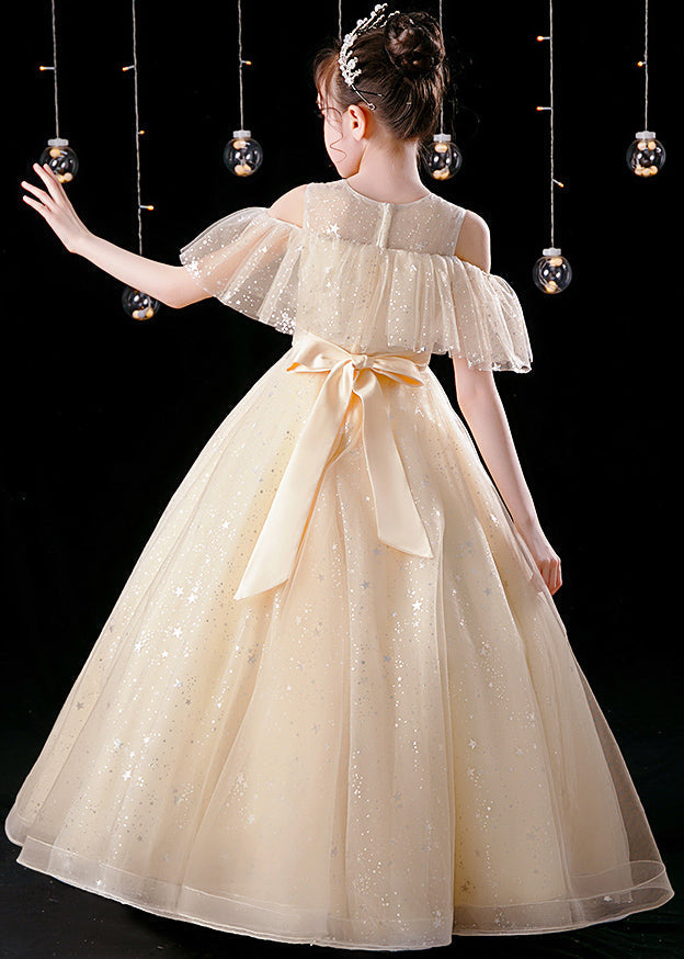 Champagne O-neck Patchwork Sequins Tulle Kids Maxi Dress Summer Xz039