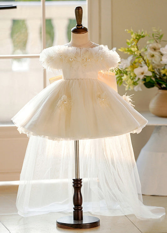 Champagne Pearl Tulle Kids Maxi Dresses Short Sleeve Yg017