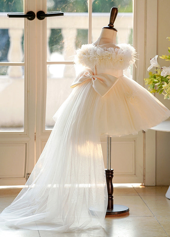 Champagne Pearl Tulle Kids Maxi Dresses Short Sleeve Yg017