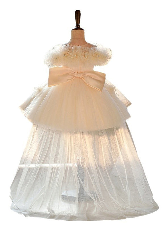 Champagne Pearl Tulle Kids Maxi Dresses Short Sleeve Yg017
