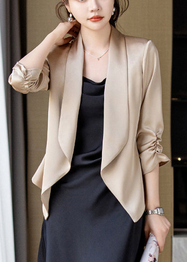 Champagne Peter Pan Collar Wrinkled Satin Coats Spring Yj034