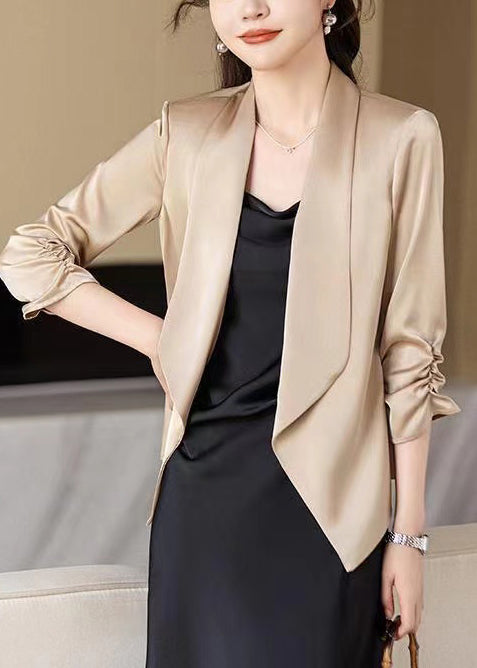 Champagne Peter Pan Collar Wrinkled Satin Coats Spring Yj034