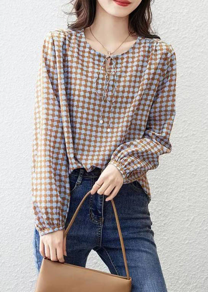 Coffee Print Lace Up Cotton Blouses Long Sleeve Re015