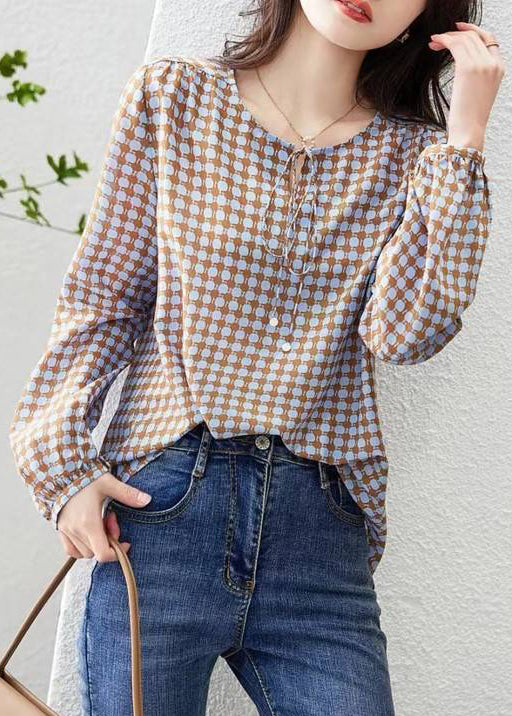 Coffee Print Lace Up Cotton Blouses Long Sleeve Re015