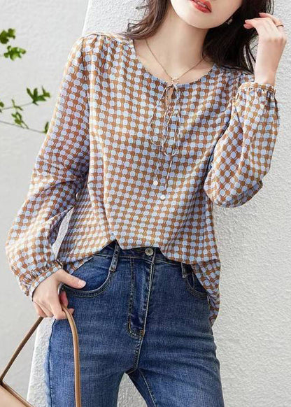 Coffee Print Lace Up Cotton Blouses Long Sleeve Re015
