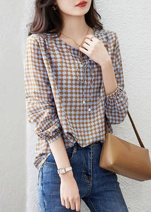 Coffee Print Lace Up Cotton Blouses Long Sleeve Re015