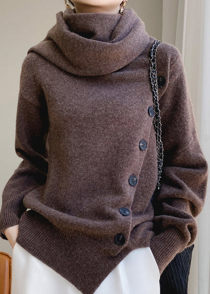 Coffee Scarf Collar Button Patchwork Wool Sweaters Spring Yy032