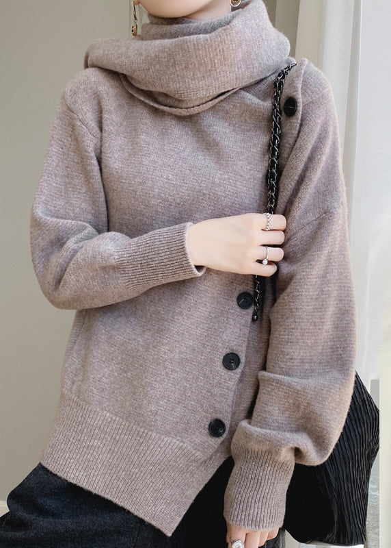 Coffee Scarf Collar Button Patchwork Wool Sweaters Spring Yy032