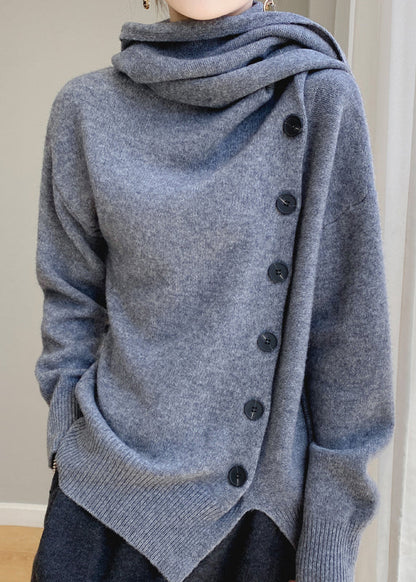 Coffee Scarf Collar Button Patchwork Wool Sweaters Spring Yy032