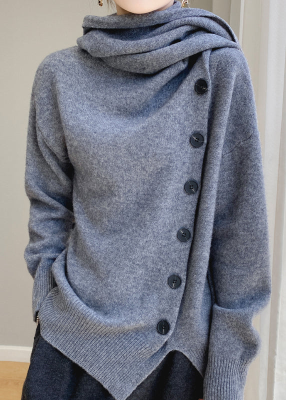 Coffee Scarf Collar Button Patchwork Wool Sweaters Spring Yy032