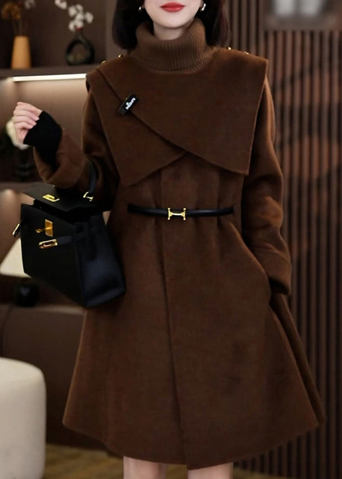 Coffee Woolen Coats and Knit Scarf Two Pieces Set Winter Rf041