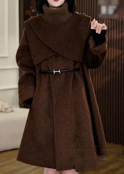 Coffee Woolen Coats and Knit Scarf Two Pieces Set Winter Rf041