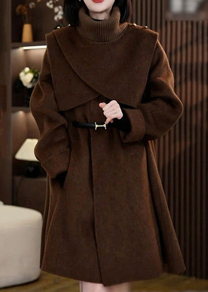 Coffee Woolen Coats and Knit Scarf Two Pieces Set Winter Rf041