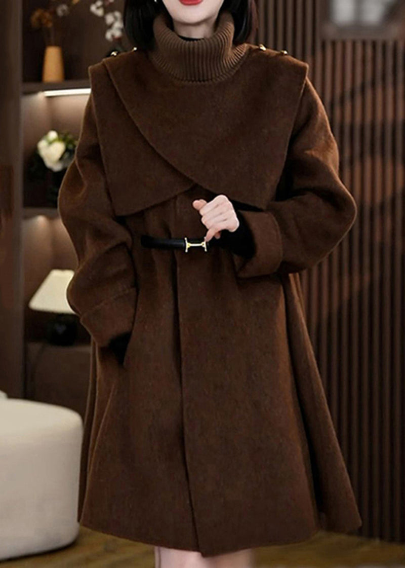 Coffee Woolen Coats and Knit Scarf Two Pieces Set Winter Rf041