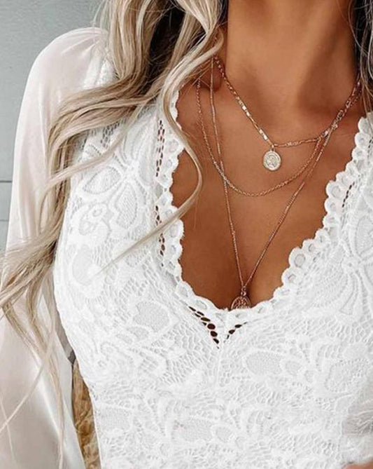 Contrast Mesh Long Sleeve Lace Top Woman Blouses Shirt