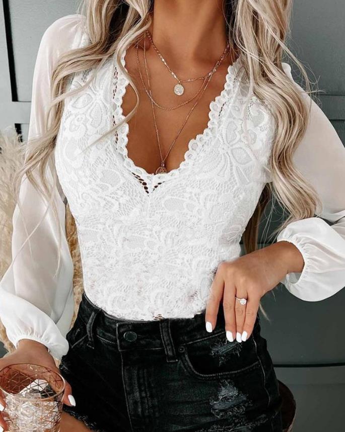 Contrast Mesh Long Sleeve Lace Top Woman Blouses Shirt