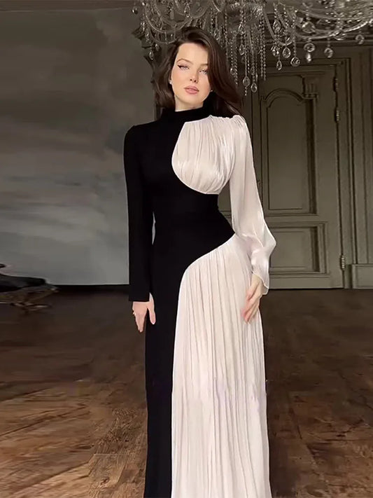 Contrast Patchwork ’s Long Dress Half High Collar Full Sleeve Waistband Vestidos New Female Commute