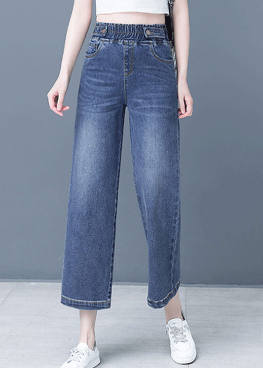 Denim Blue Patchwork Elastic Waist Crop Wide Leg Pants Ty1065
