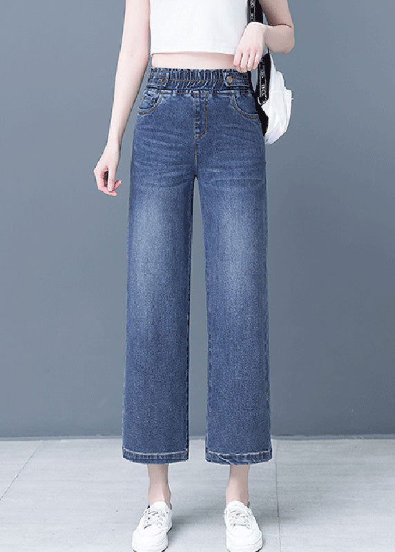 Denim Blue Patchwork Elastic Waist Crop Wide Leg Pants Ty1065