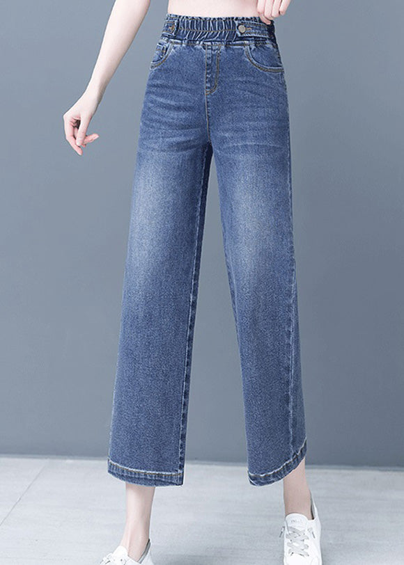 Denim Blue Patchwork Elastic Waist Crop Wide Leg Pants Ty1065