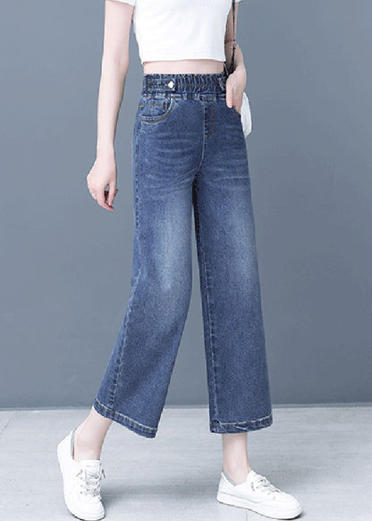 Denim Blue Patchwork Elastic Waist Crop Wide Leg Pants Ty1065