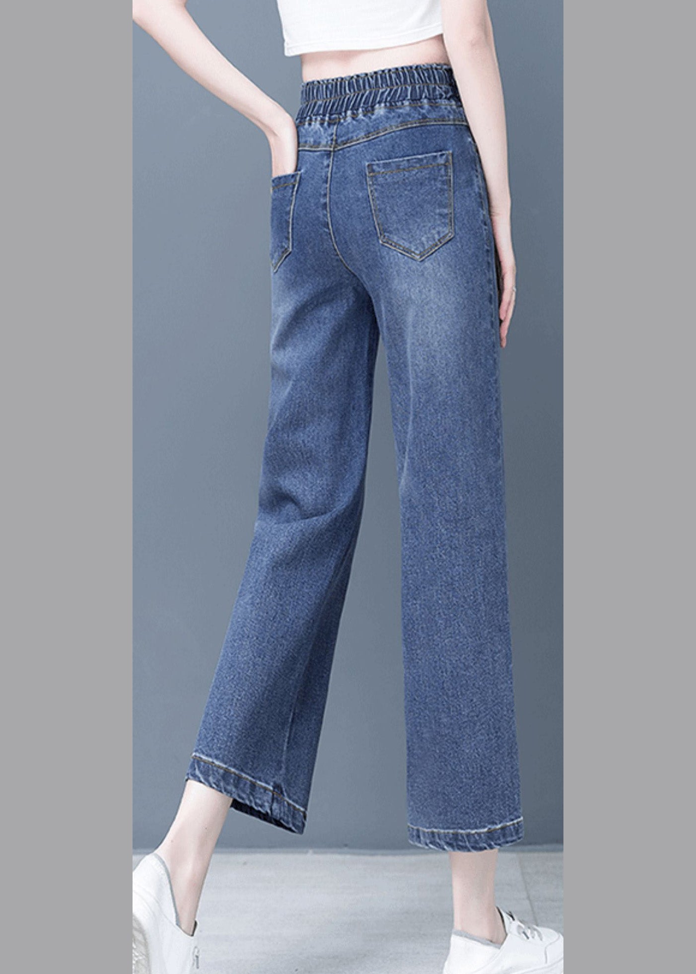 Denim Blue Patchwork Elastic Waist Crop Wide Leg Pants Ty1065